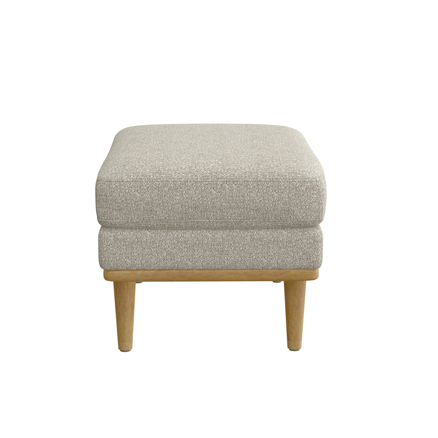 Square textured beige fabric ottoman with tapered wooden legs