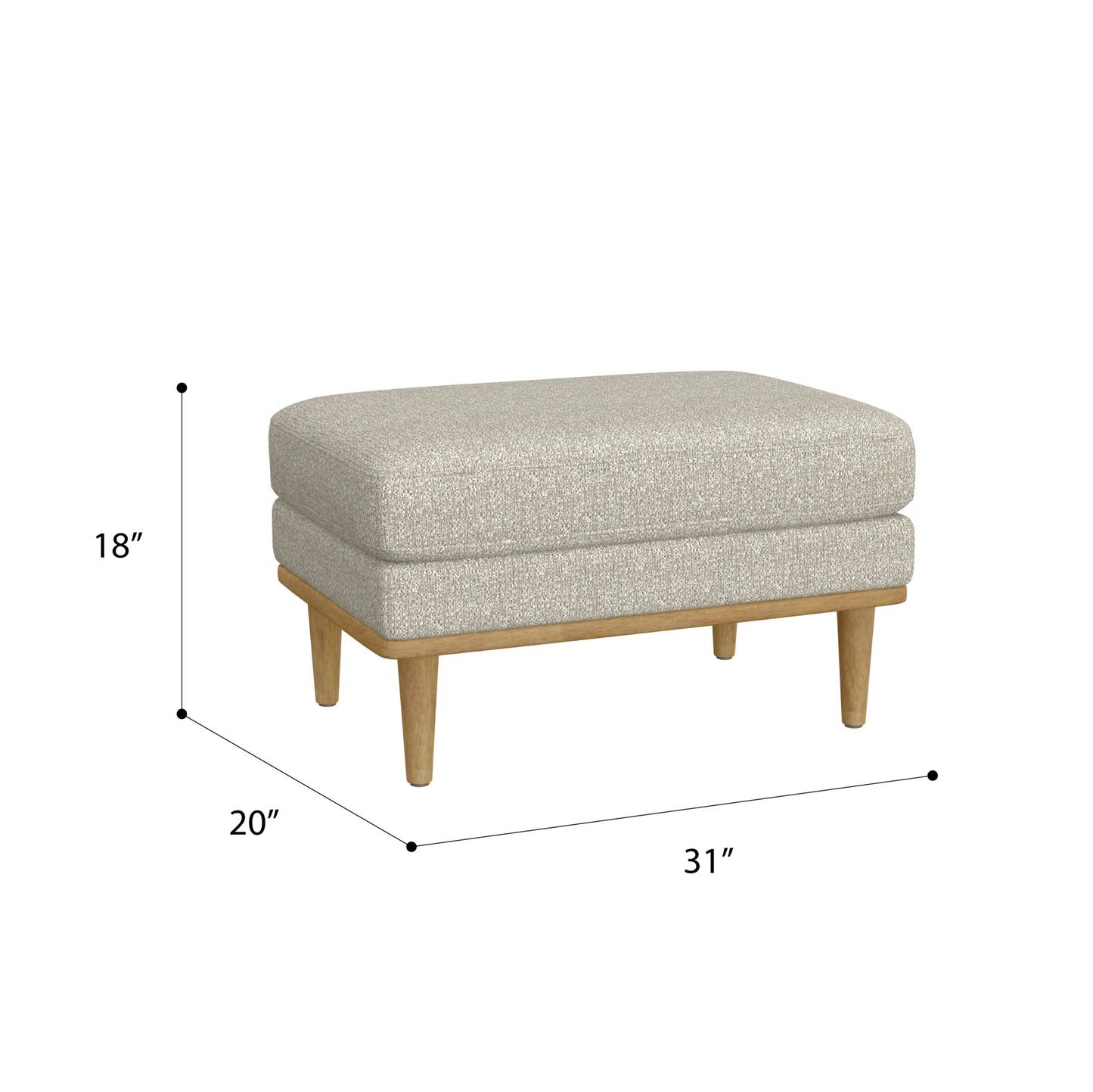 Rectangular ottoman with neutral textured fabric and tapered wooden legs