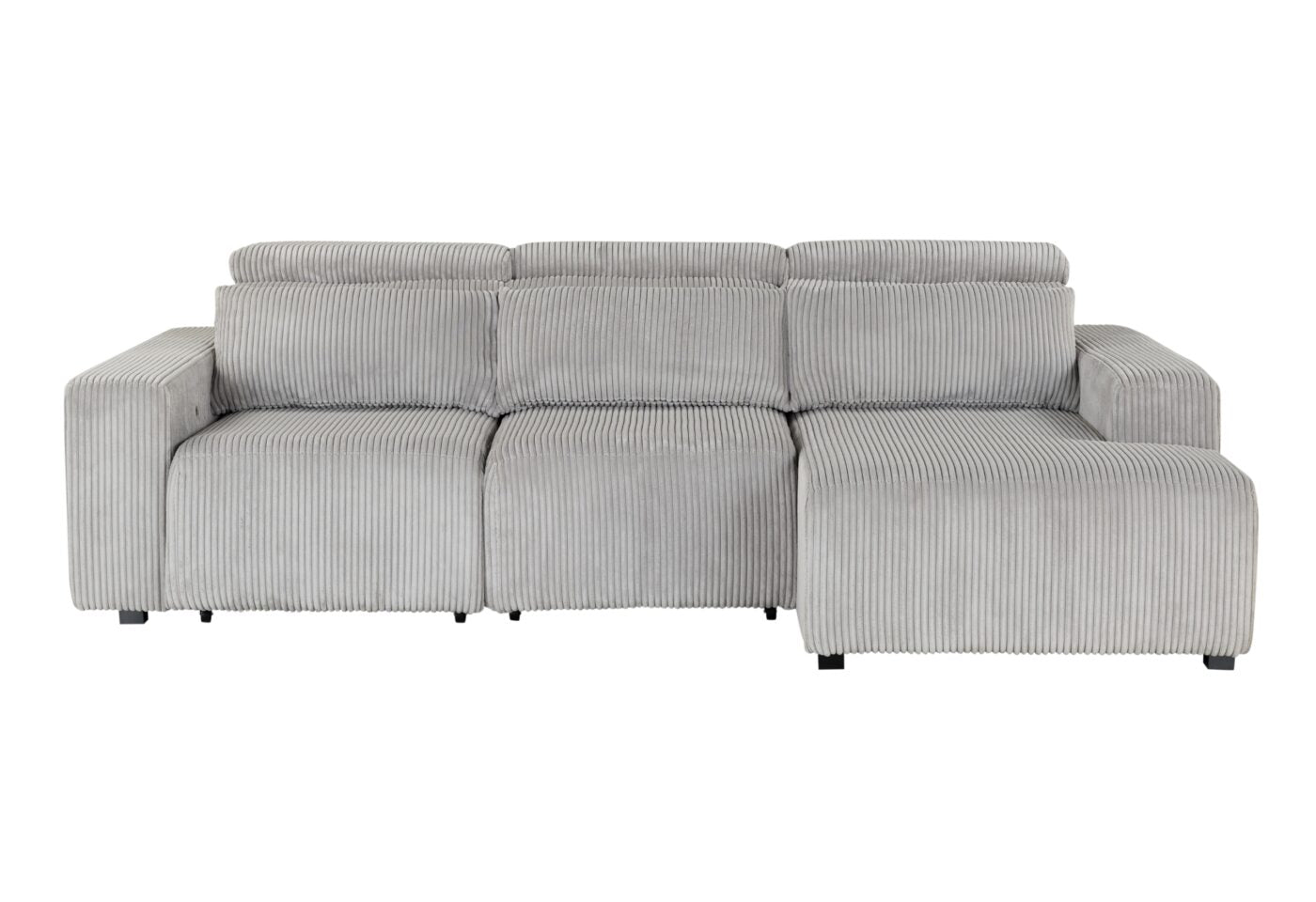 Light grey corduroy reclining sofa with adjustable headrests