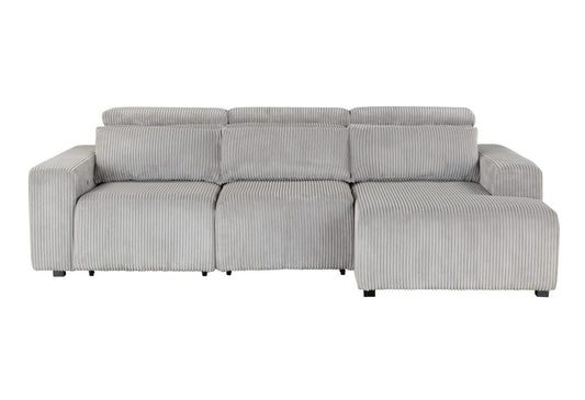 Light grey corduroy reclining sofa with adjustable headrests