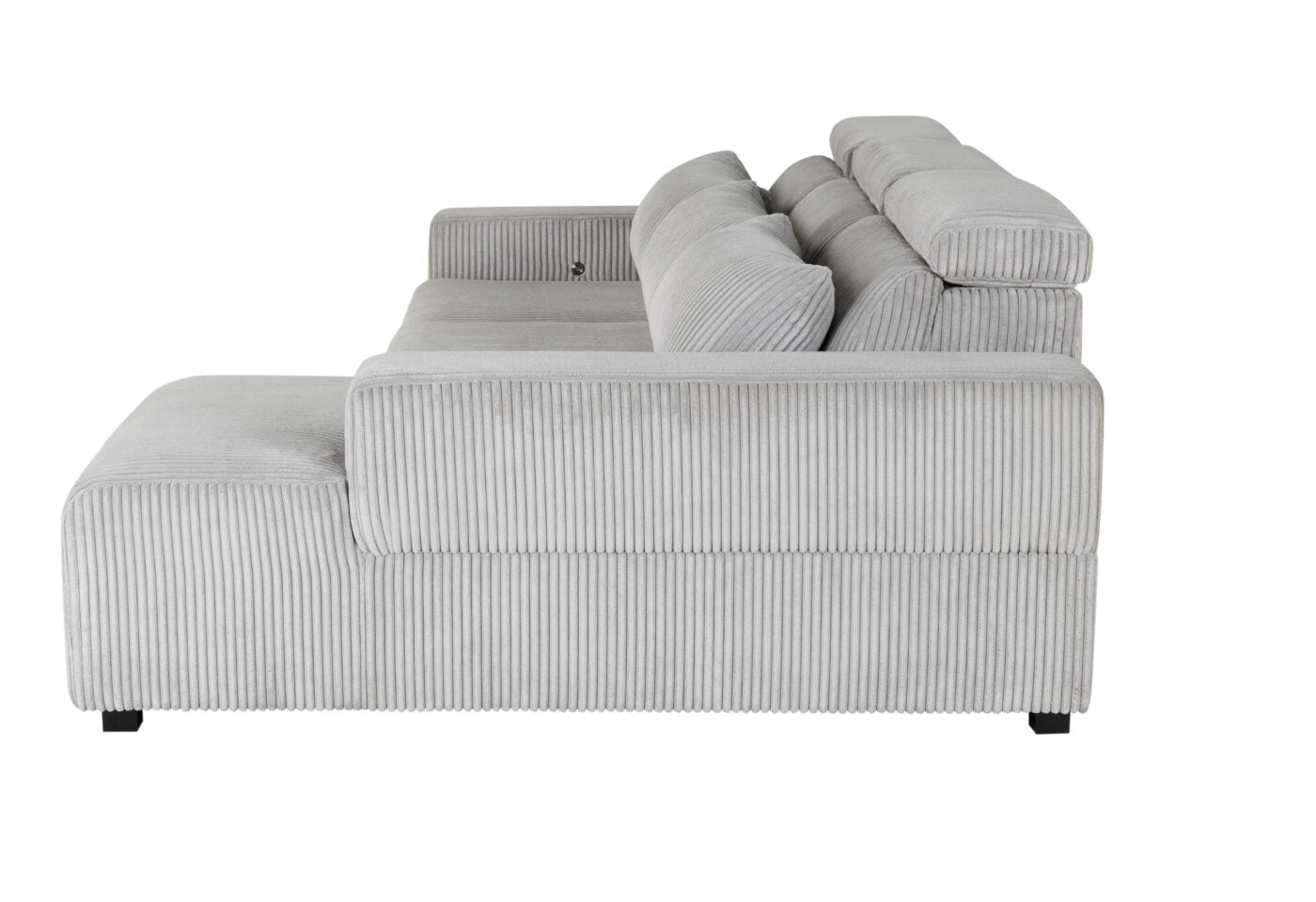 Light gray corduroy sectional sofa with plush back cushions