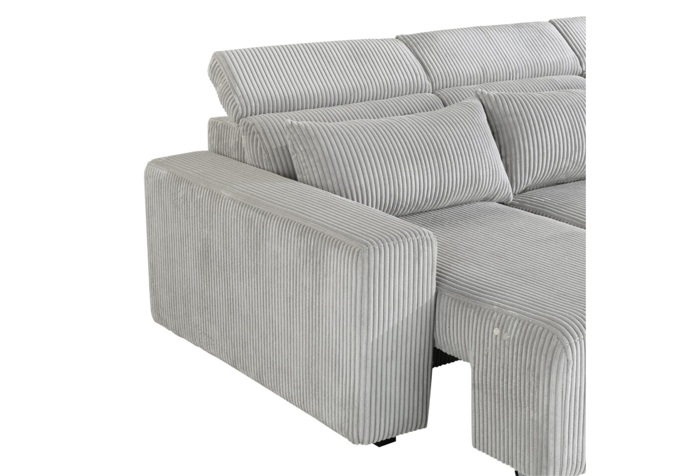 Light gray corduroy sectional sofa with adjustable headrests and plush cushions