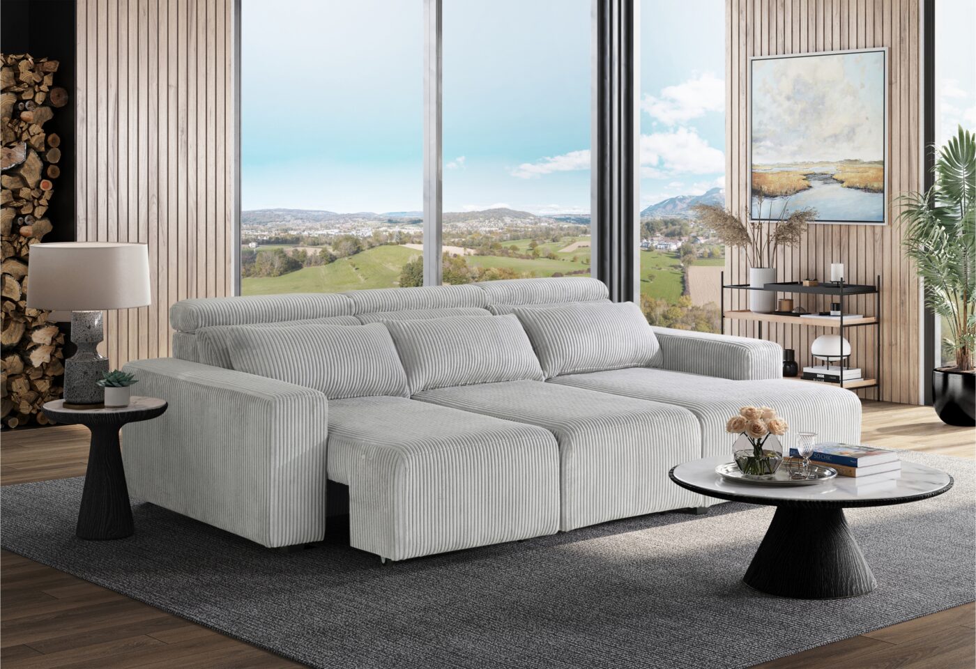 Light grey corduroy sectional sofa with plush cushions