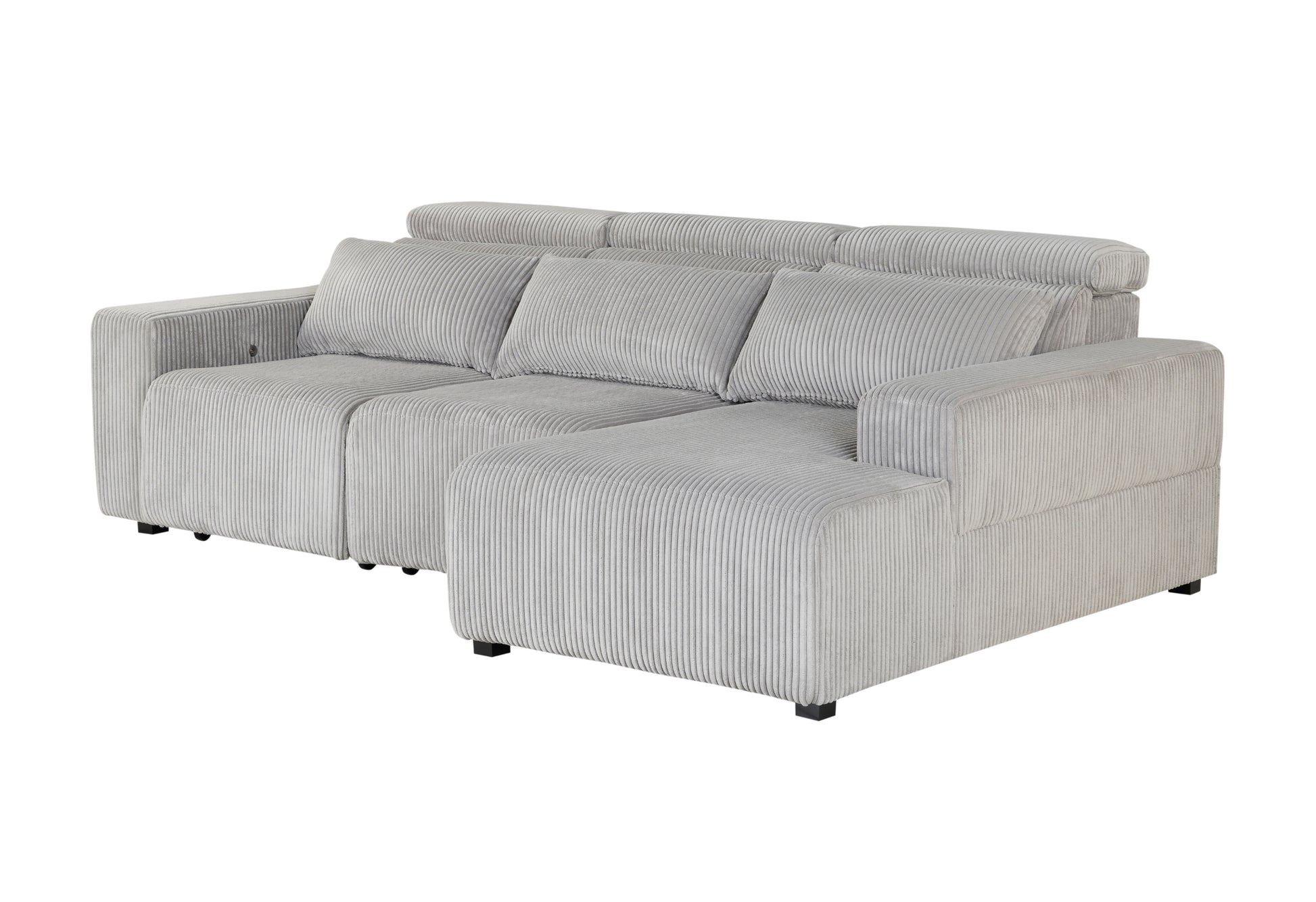 Light grey corduroy sectional sofa with plush cushions and adjustable headrests