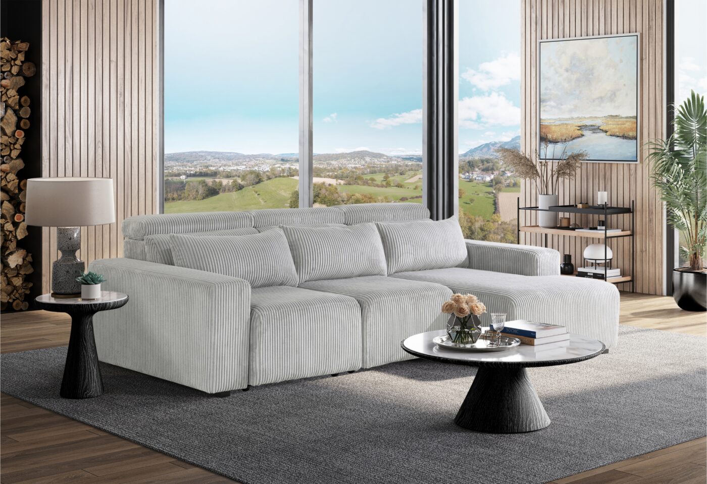 Light gray corduroy sectional sofa with plush cushions