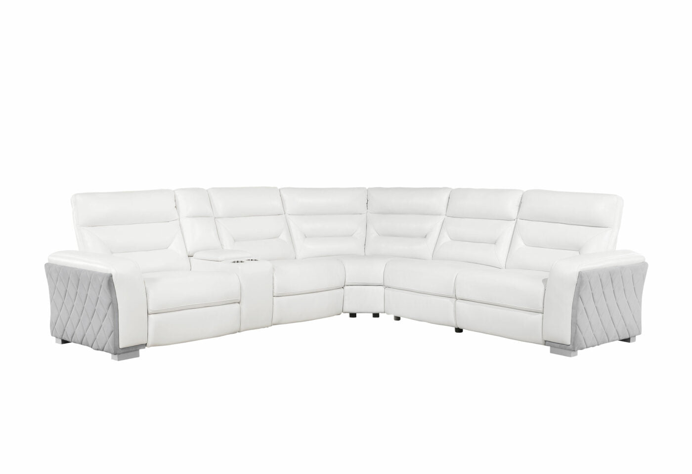 White leather sectional reclining sofa with grey quilted arms