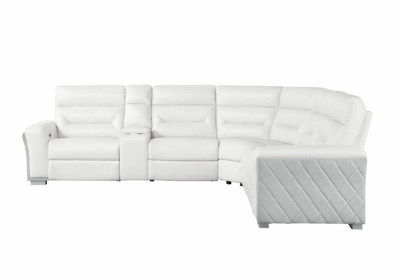 White leather sectional sofa with cup holders and diamondstitched accents
