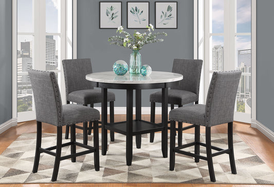 Gray upholstered counter stool with silver nailhead trim