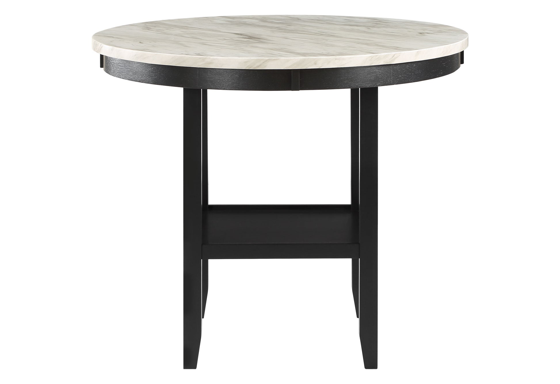 Round marble top accent table with black wooden base and shelf