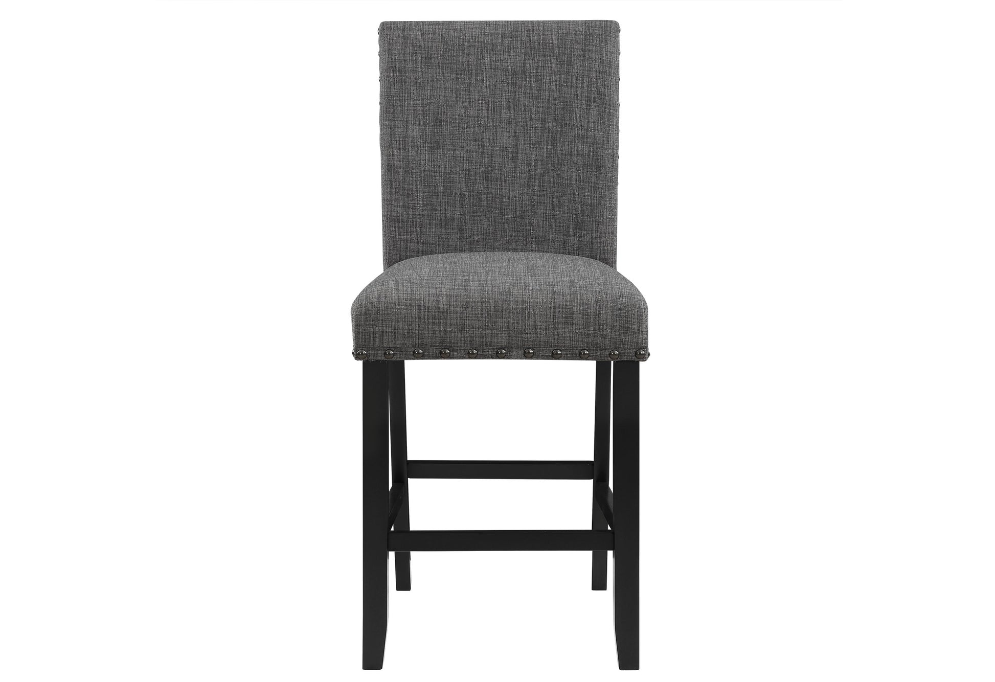 Gray upholstered bar stool with dark wood legs and nailhead trim