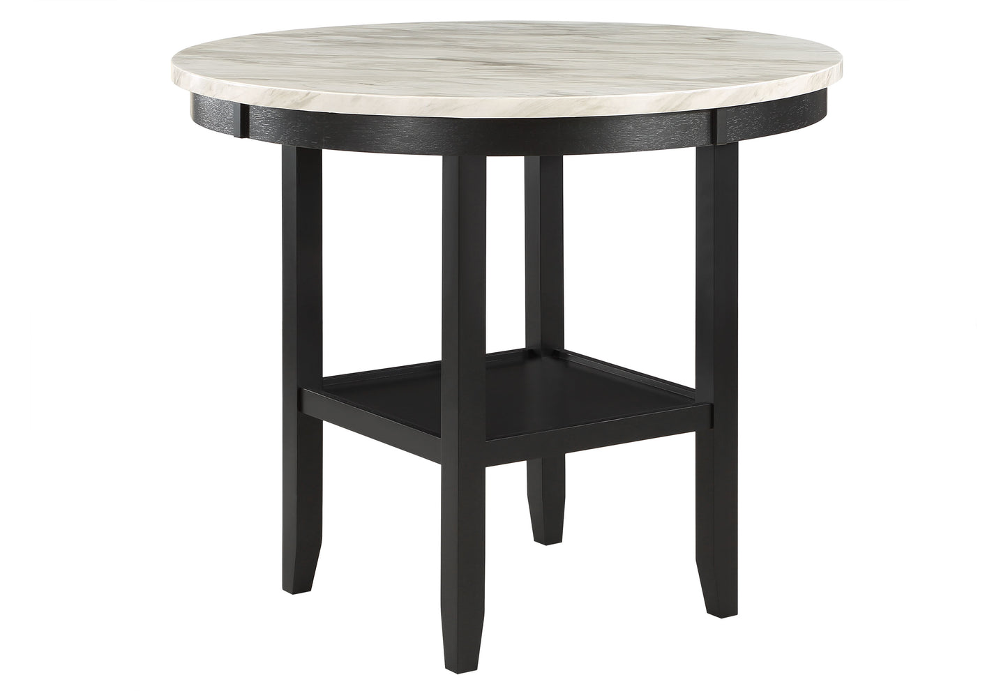 Round faux marble top accent table with black base and shelf