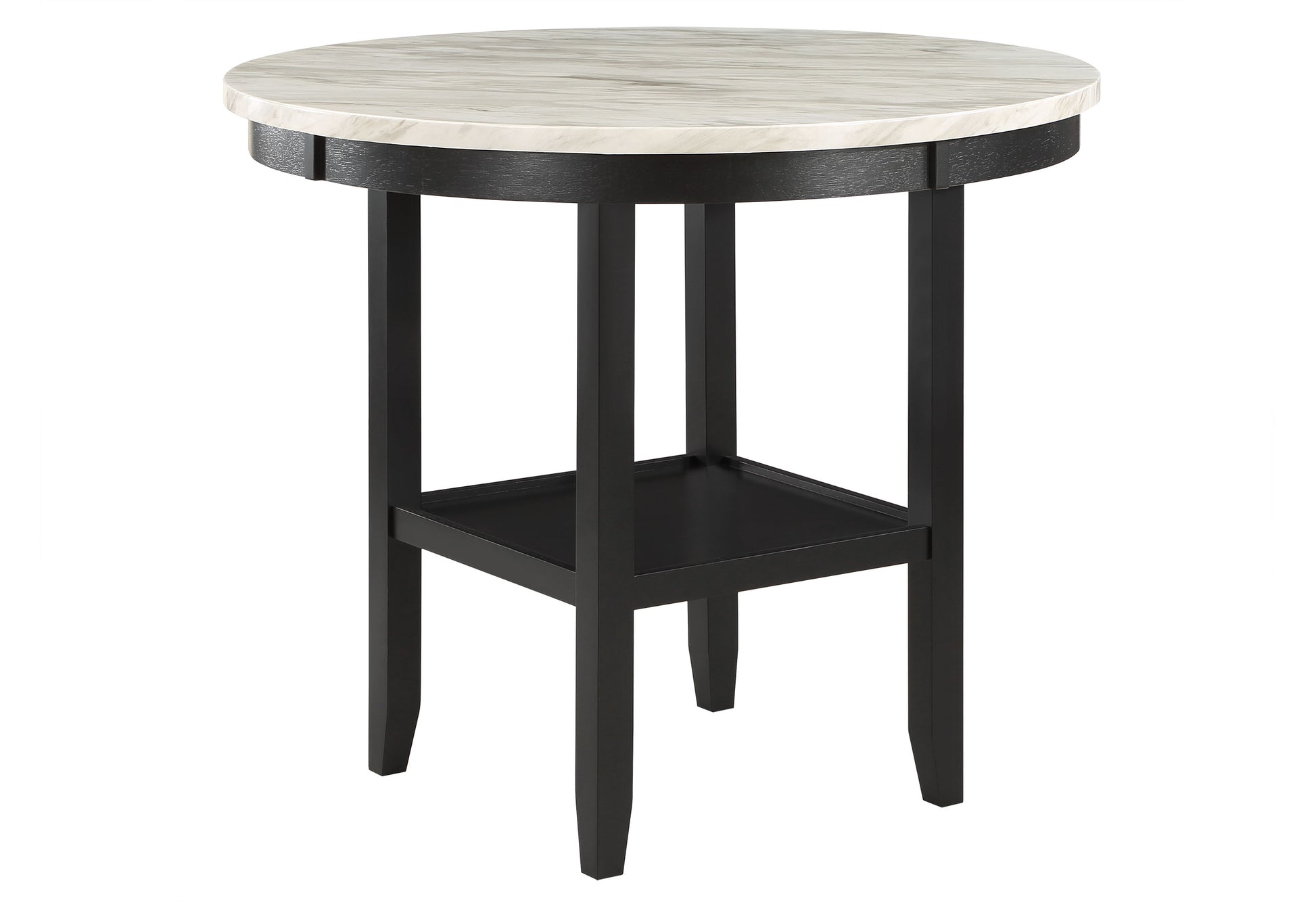 Round faux marble top accent table with black base and shelf
