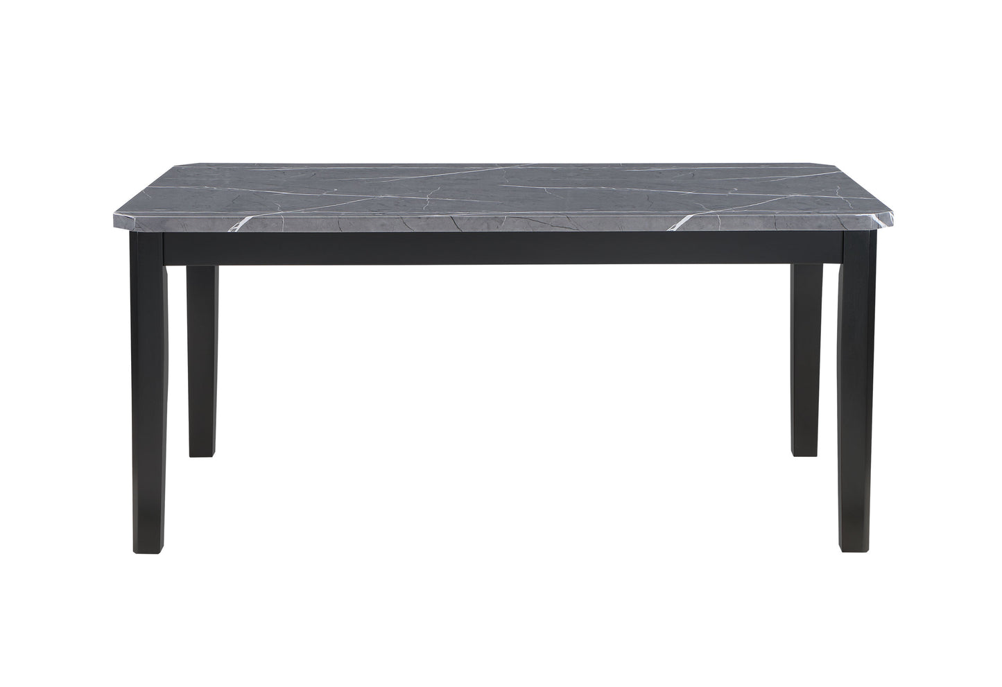 Rectangular dining table with a dark gray marblepatterned top and black wooden legs