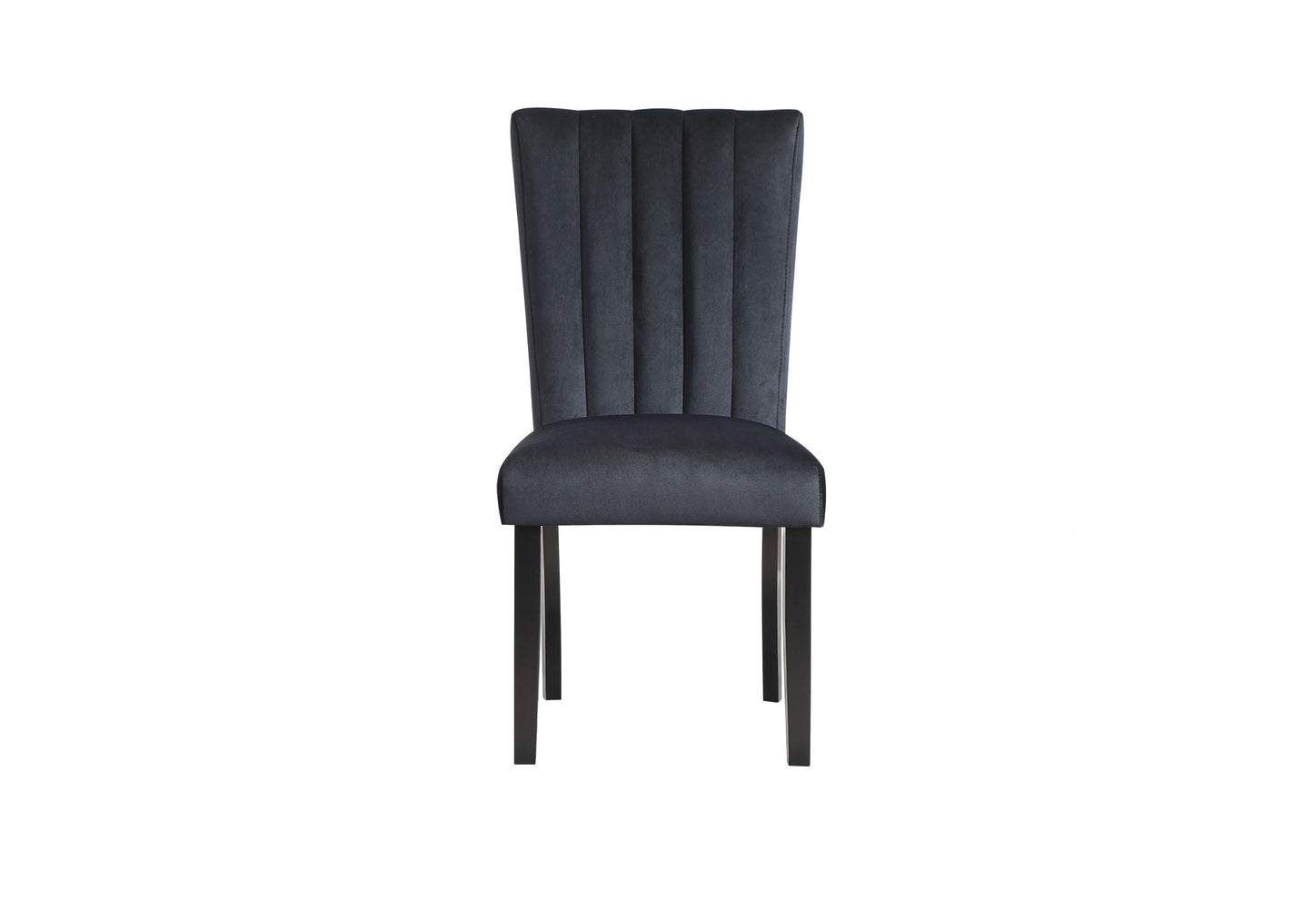 Dark grey velvet dining chair with vertical channel tufting on the back