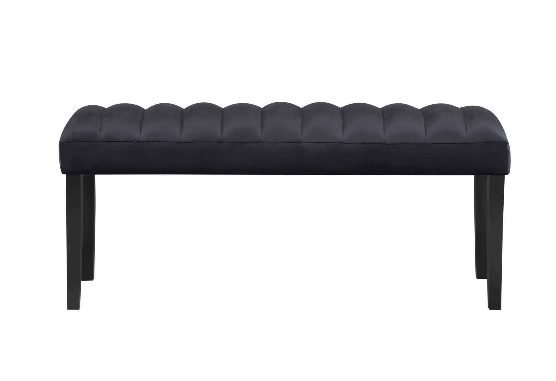Black velvet bench with channel tufting and dark wood legs