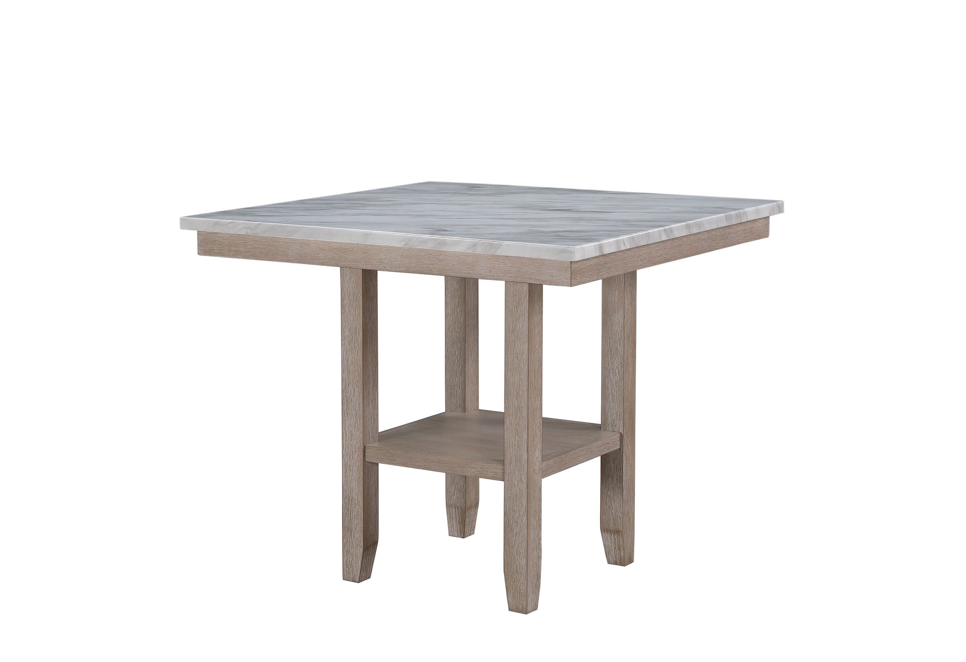 Square marble top side table with light wood base and shelf