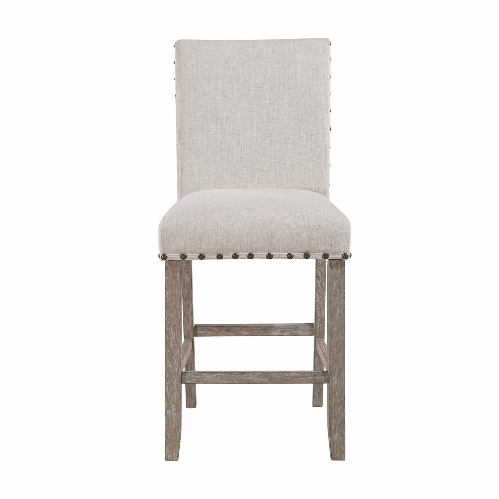 Upholstered linen bar stool with nailhead trim and distressed wood legs