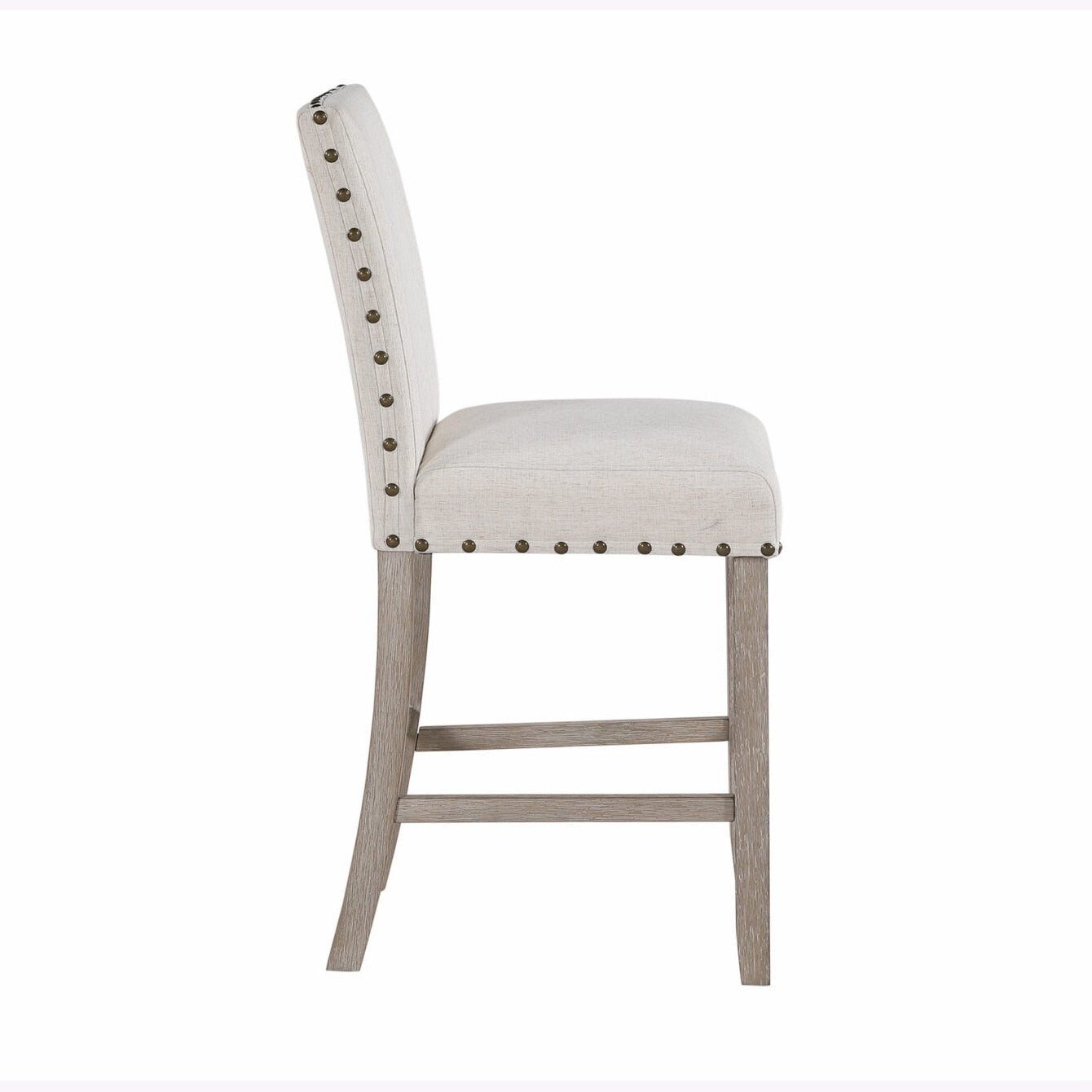 Upholstered bar stool with nailhead trim and light wood legs