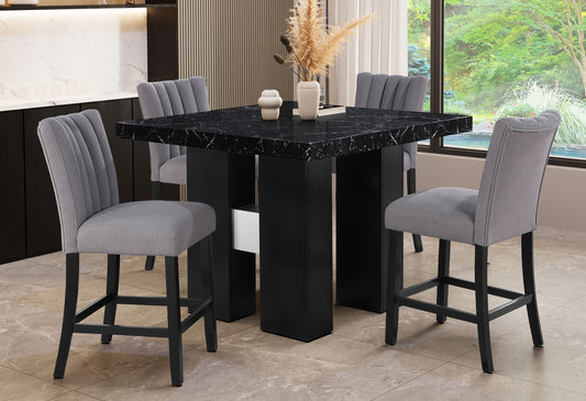 Black marble bar table with grey upholstered stools