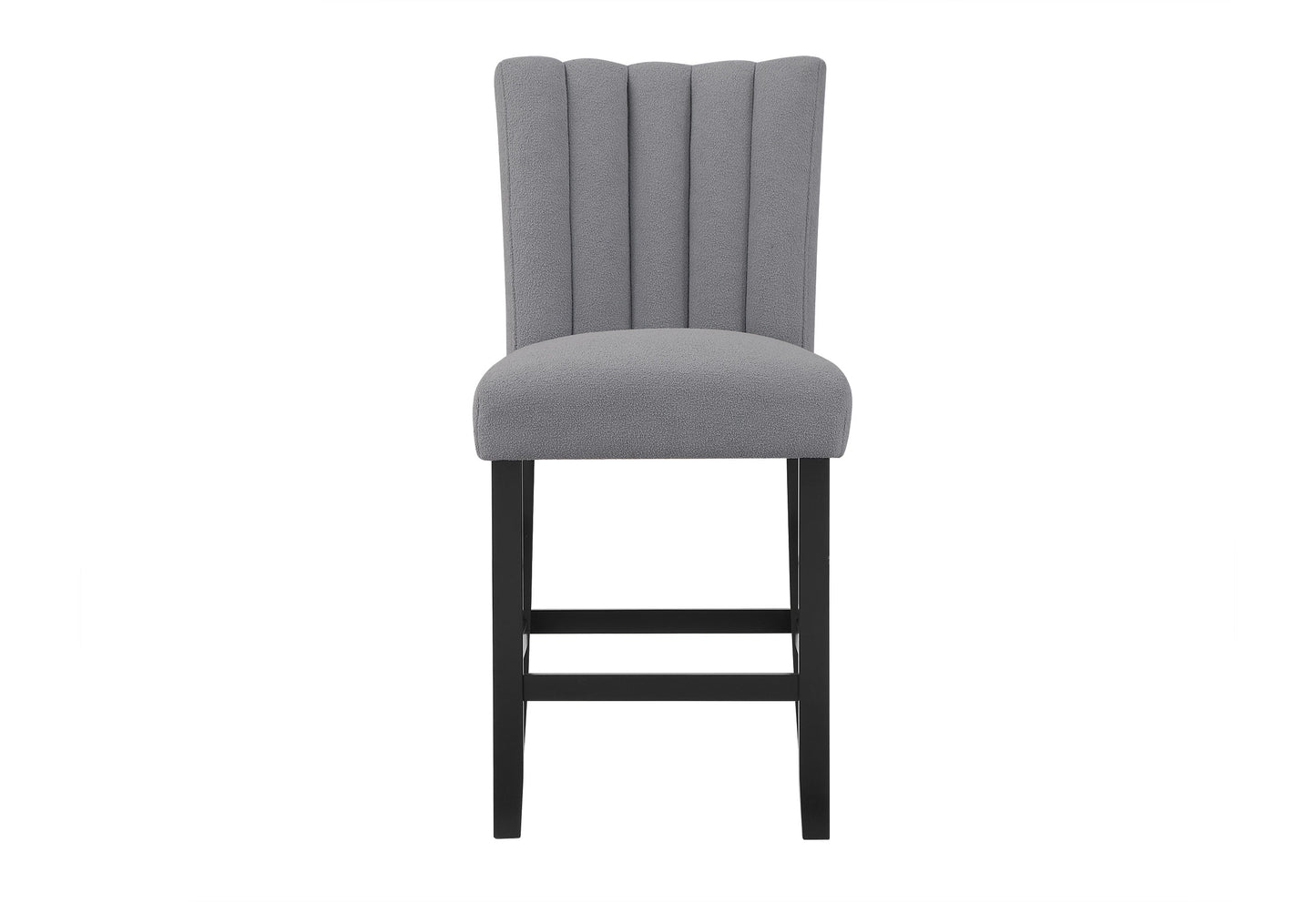 Grey upholstered bar stool with vertical channel tufting on the back and black wooden legs