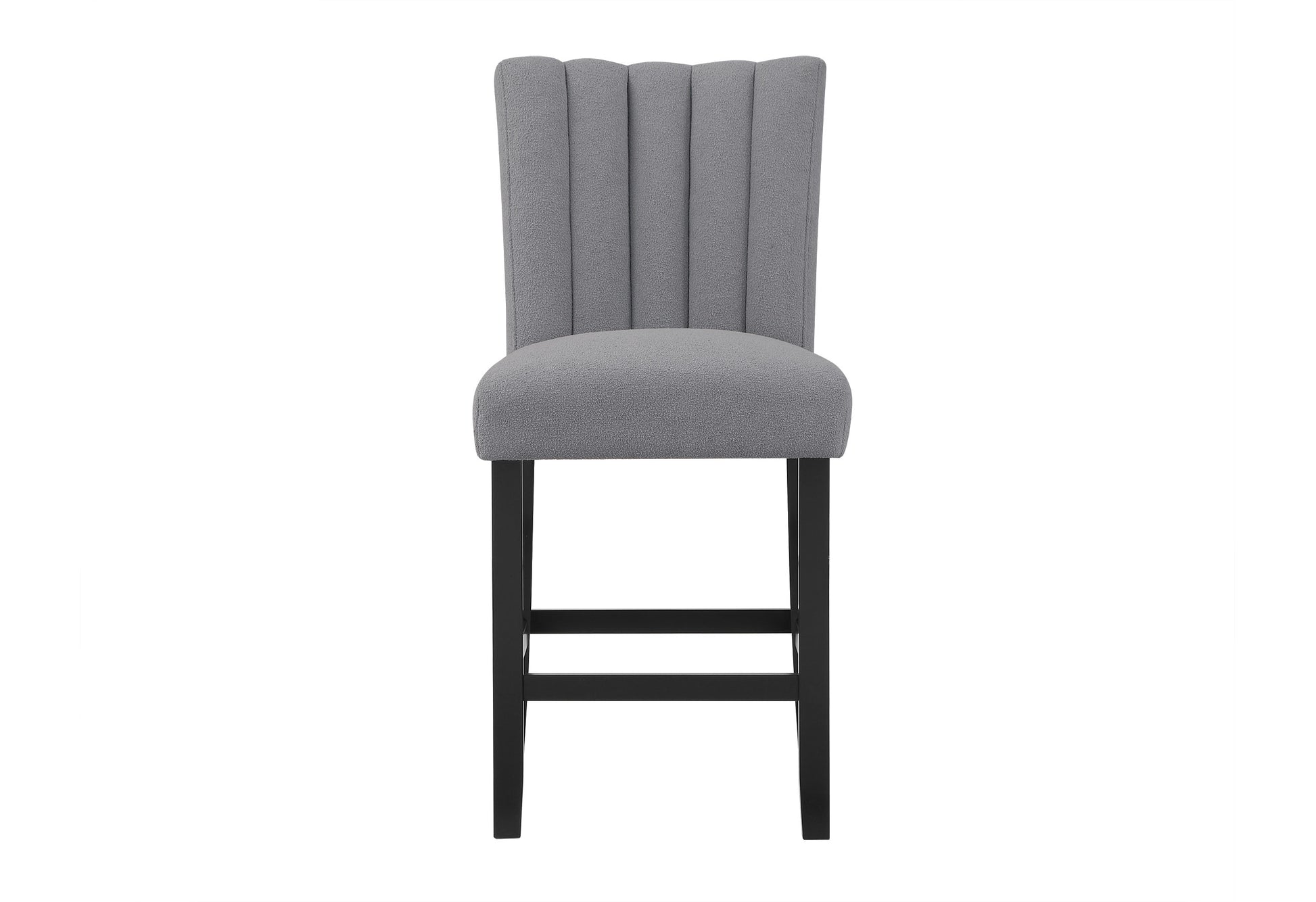 Grey upholstered bar stool with vertical channel tufting on the back and black wooden legs