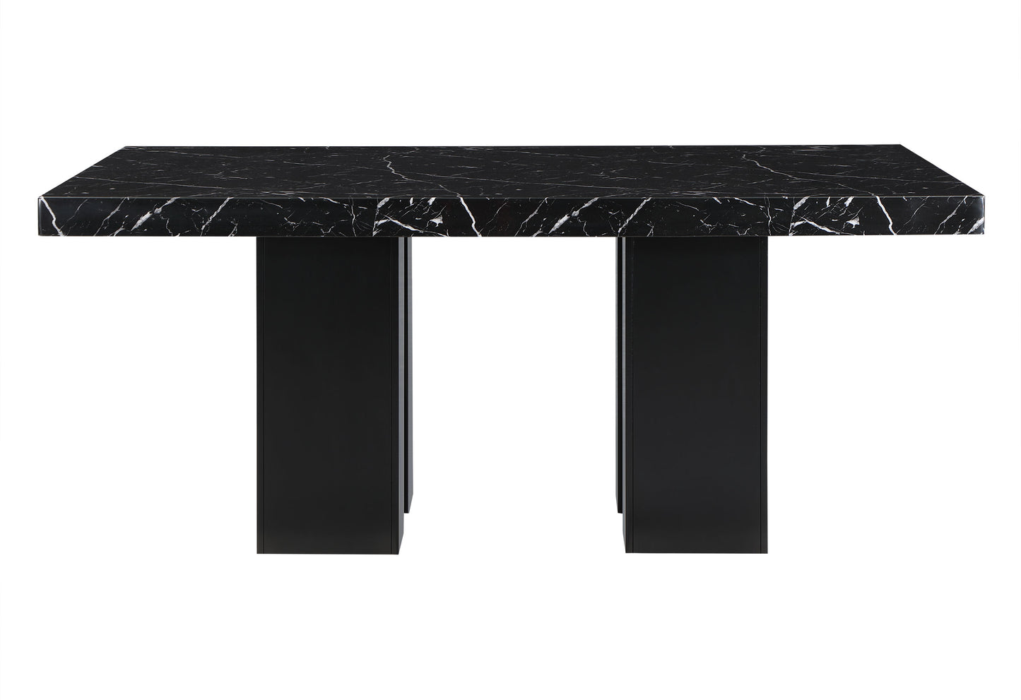 Black marble dining table with sleek black legs and contemporary design