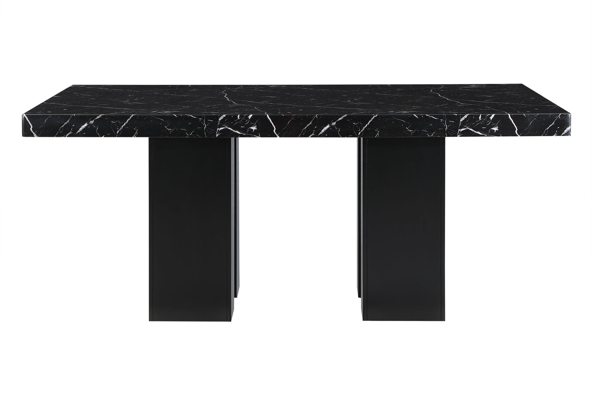 Black marble dining table with sleek black legs and contemporary design