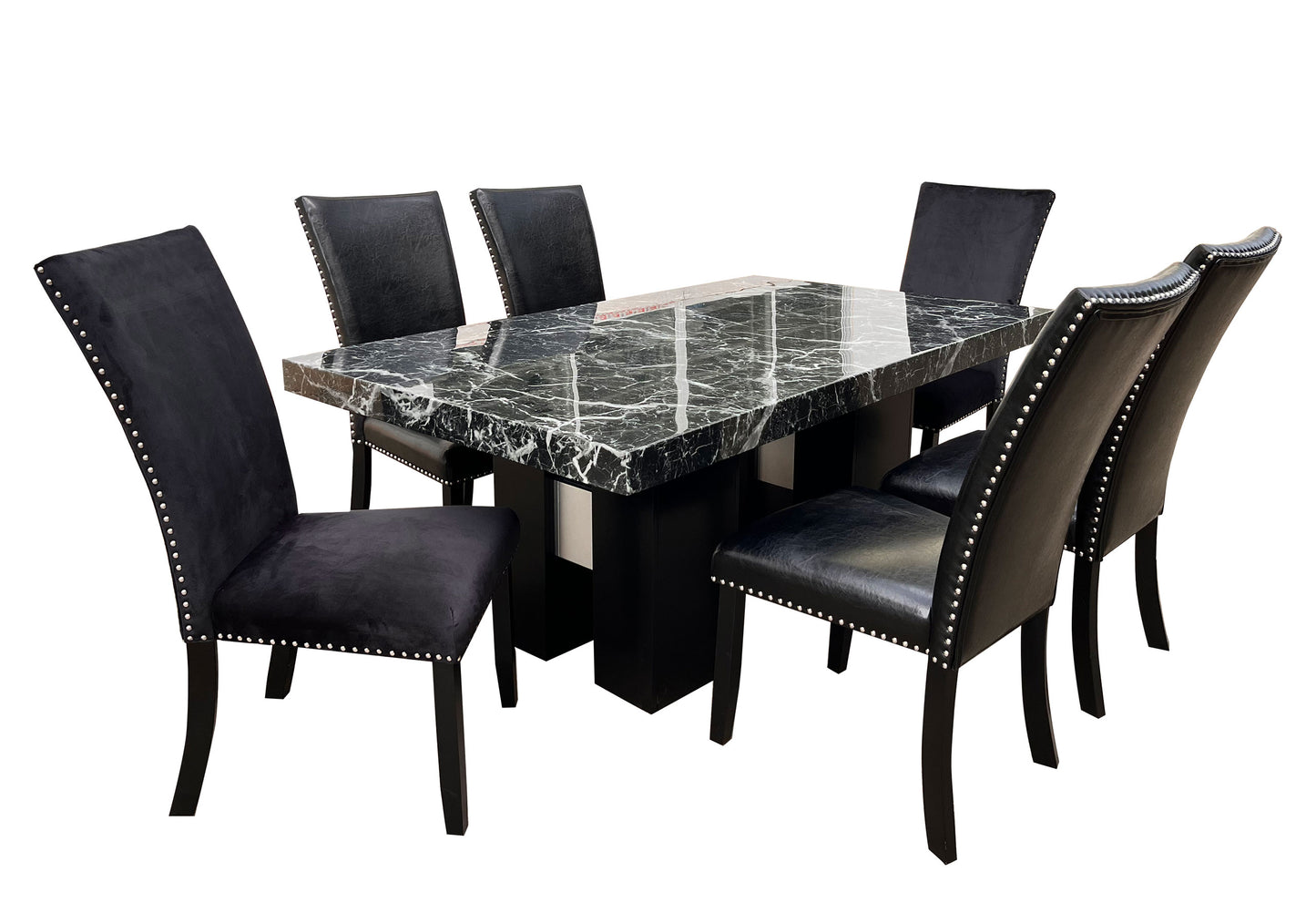 Black marble dining table set with upholstered chairs