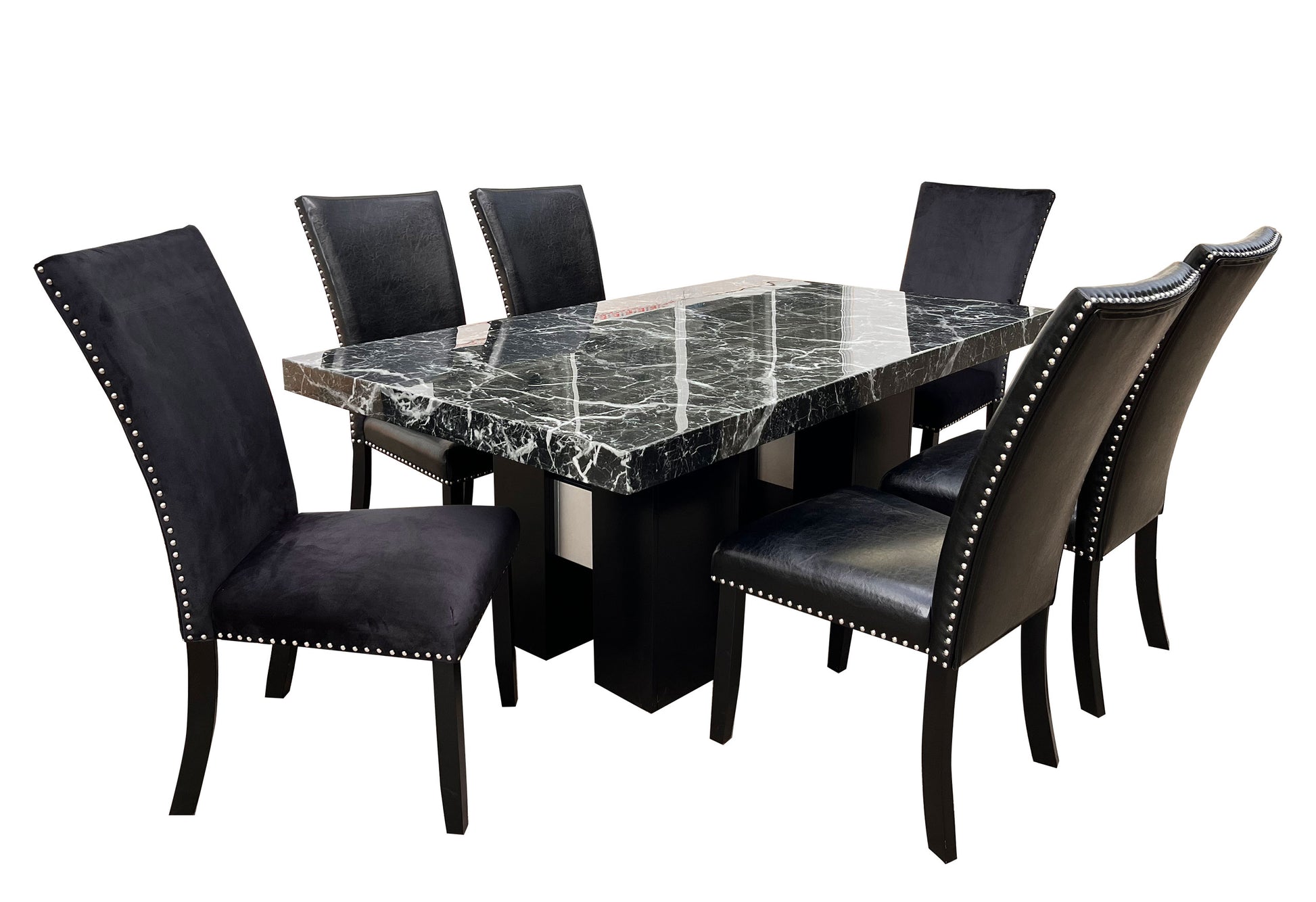 Black marble dining table set with upholstered chairs