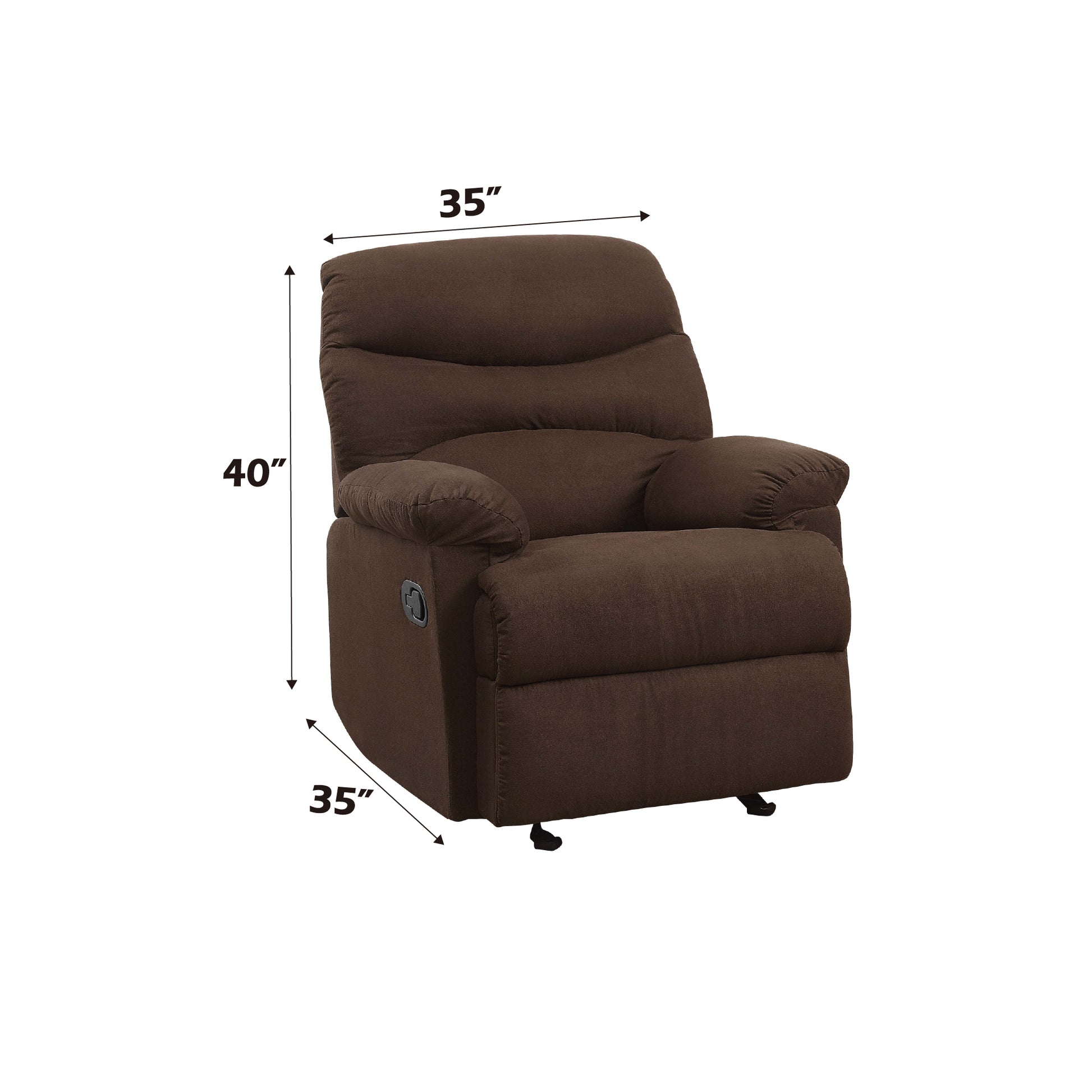 Padded brown fabric recliner chair with pushlever mechanism