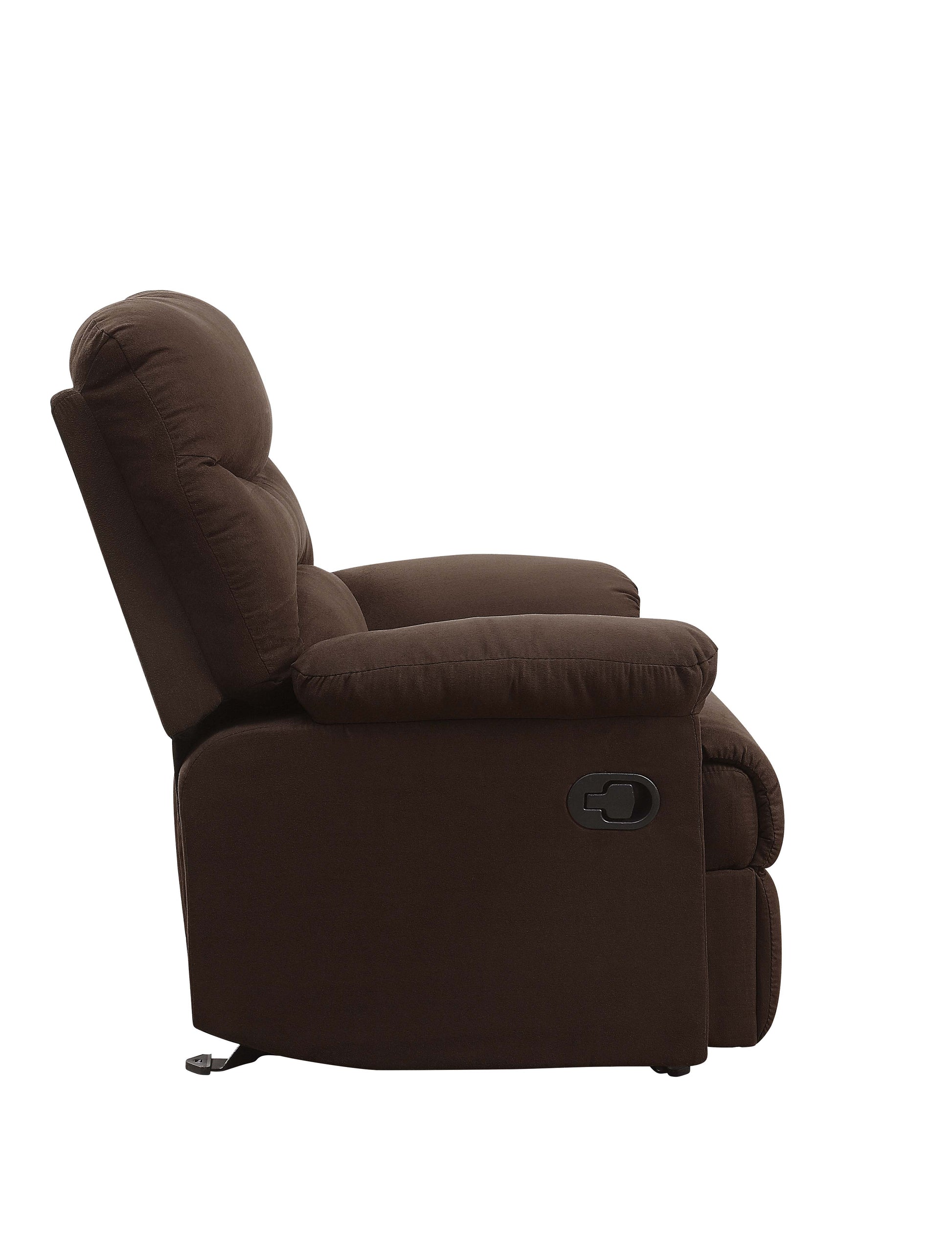 Plush brown fabric recliner chair with padded armrests and pulllever mechanism