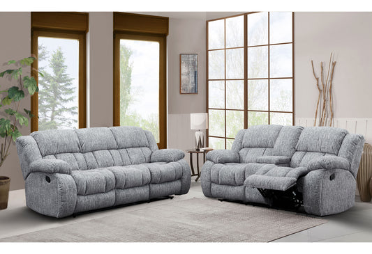 Gray fabric reclining loveseat with plush cushions and ample seating