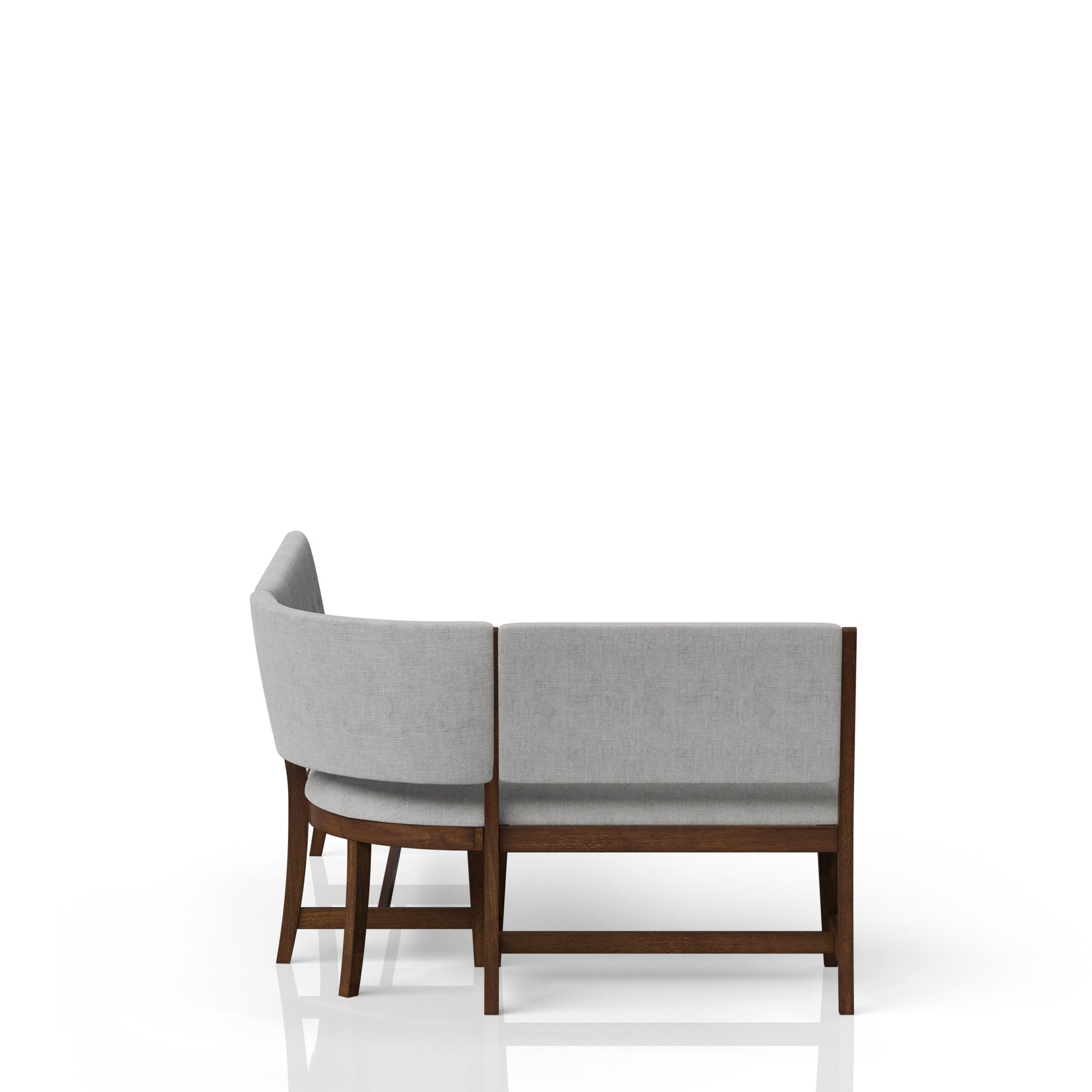 Light grey linen upholstered sectional sofa with dark wood frame