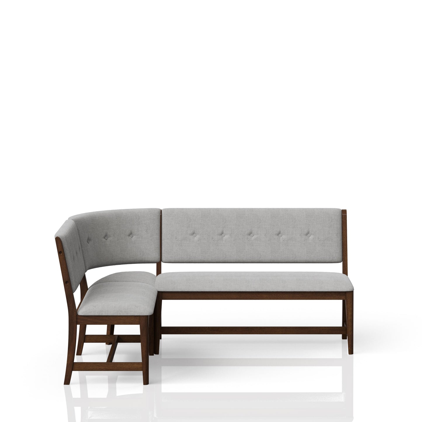 Light gray upholstered corner banquette with dark wood frame and button tufting