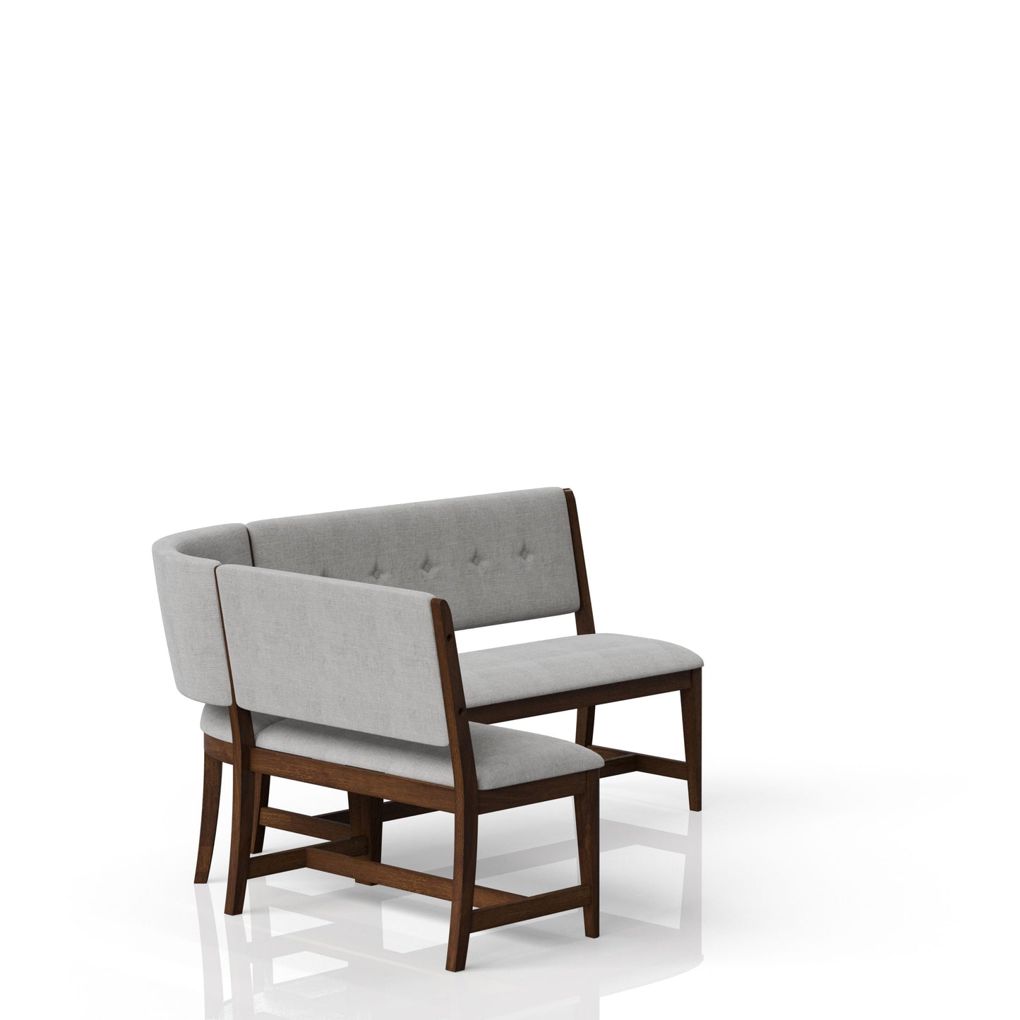 Modern light grey upholstered corner banquette seat with dark wood frame