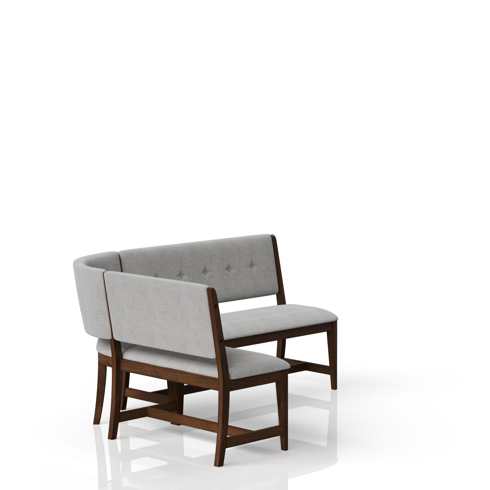 Modern light grey upholstered corner banquette seat with dark wood frame