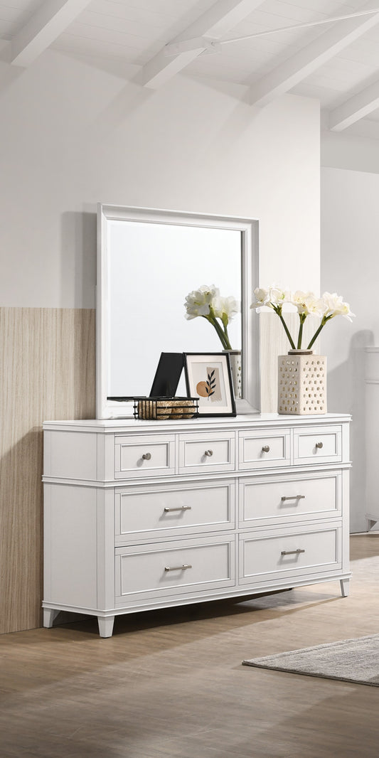 White drawer dresser with silver knobs and mirrored top