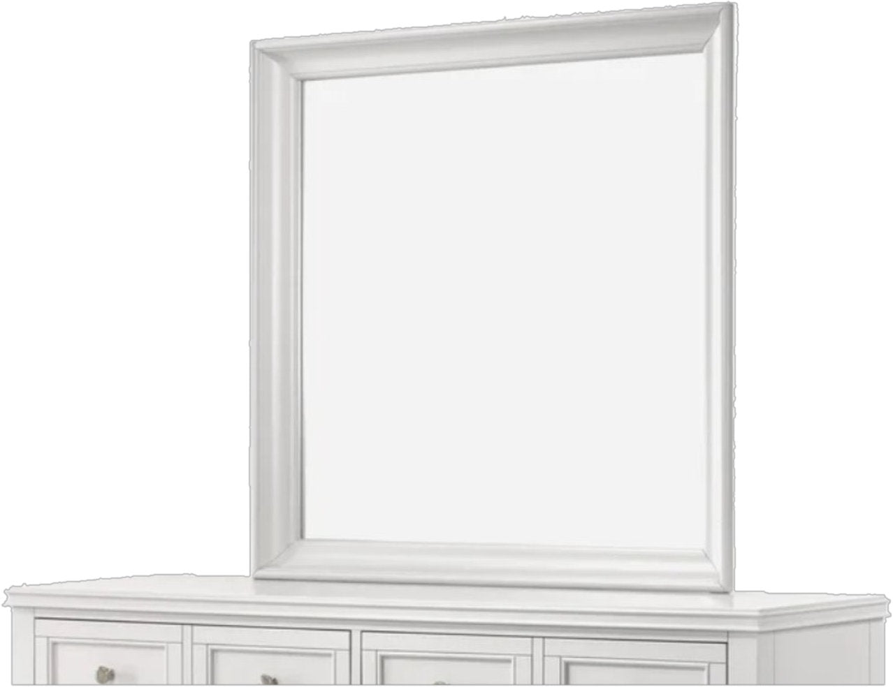 White framed dresser mirror with decorative molding