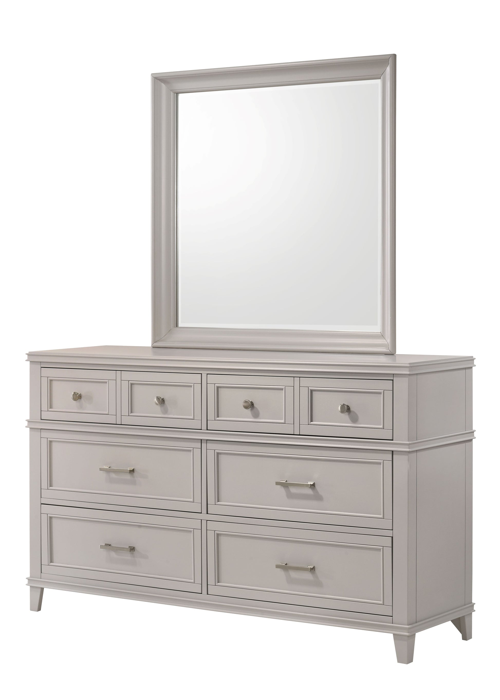 Gray dresser with mirror featuring ornate molding and brushed nickel hardware