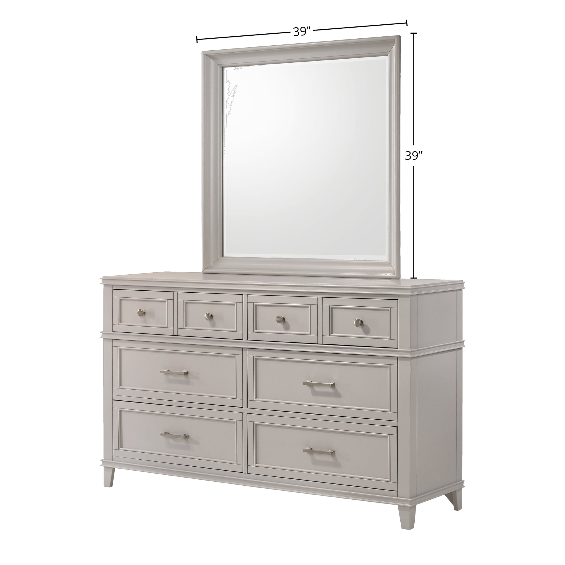 Light grey dresser with  drawers and a large framed mirror