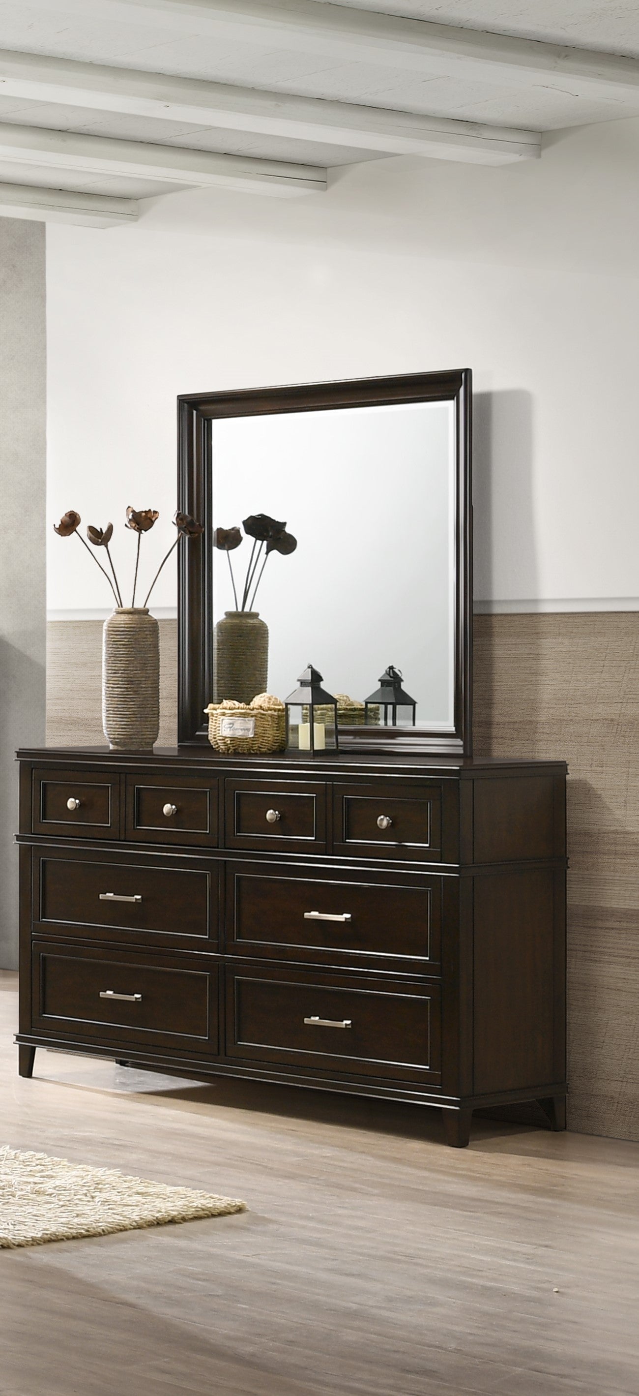 Dark brown wood dresser with seven drawers and a large rectangular mirror