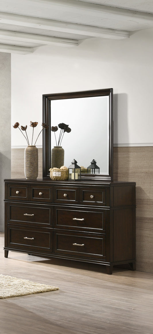 Dark brown wood dresser with seven drawers and a large rectangular mirror