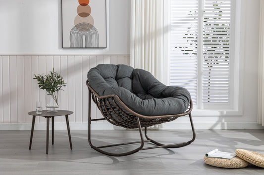 TREATLIFE HOME Outdoor Rattan Rocking Chair with Padded Cushion, Ergonomic and Oversized Design, Grey