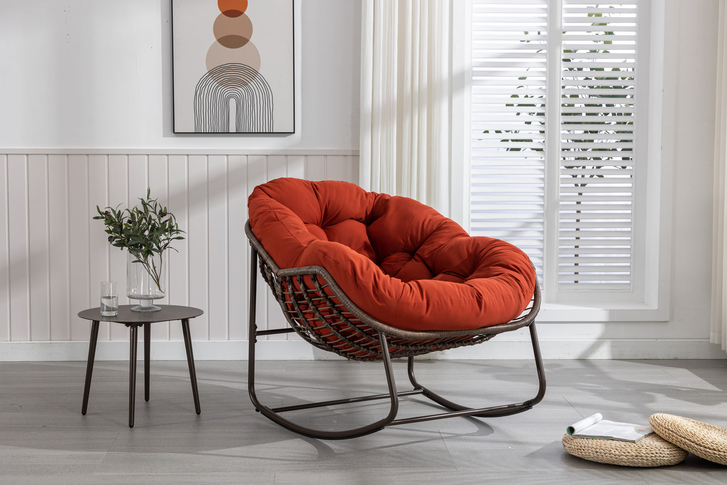 TREATLIFE HOME Outdoor Rattan Rocking Chair with Padded Cushion, Ergonomic Rocker Recliner for Patio or Living Room, Orange