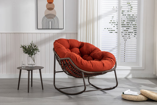 TREATLIFE HOME Outdoor Rattan Rocking Chair with Padded Cushion, Ergonomic Rocker Recliner for Patio or Living Room, Orange