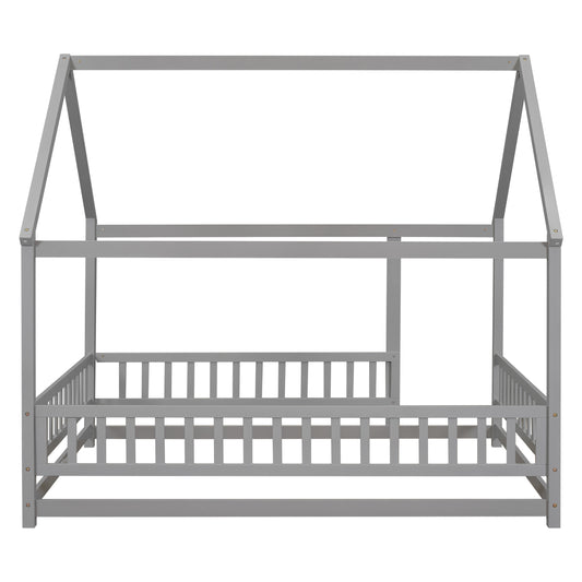 TREATLIFE HOME Full Size Floor Wooden Bed with House Roof Frame and Fence Guardrails, Grey