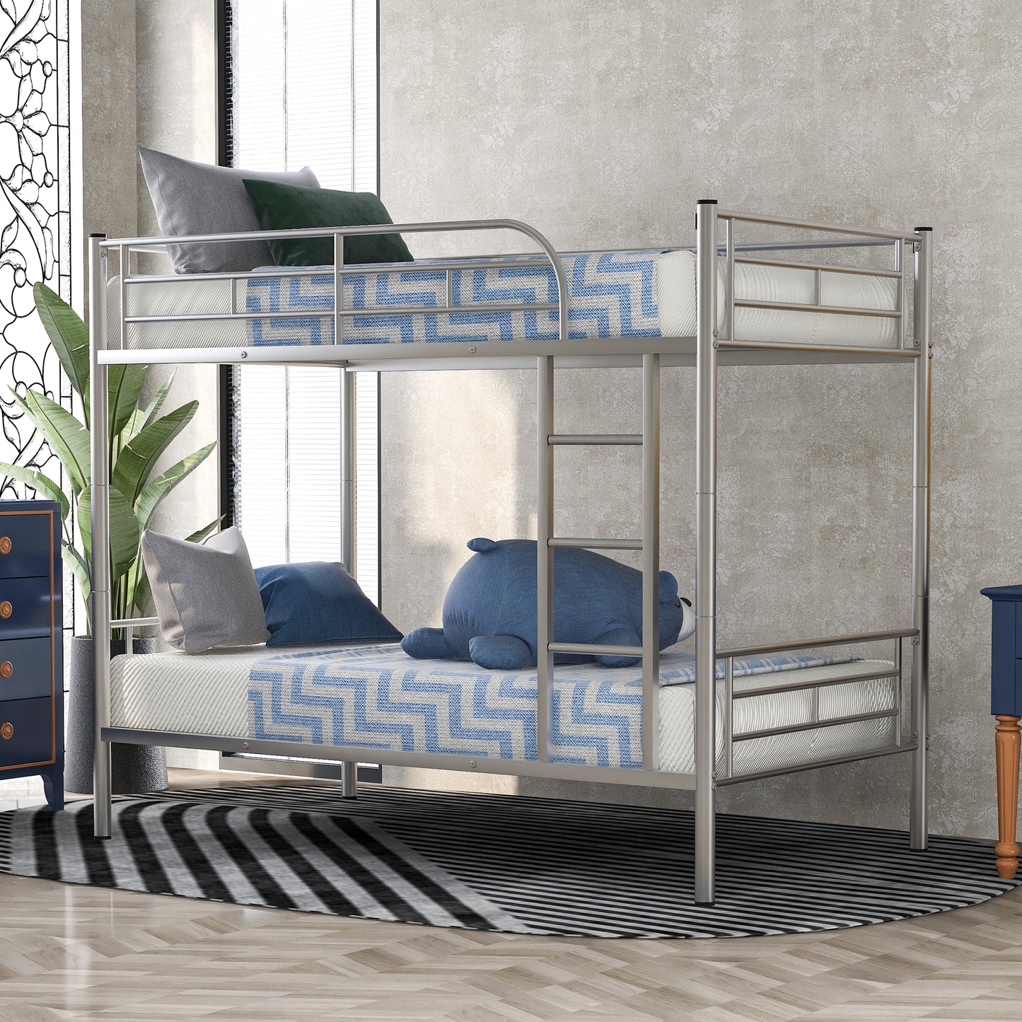 TREATLIFE HOME Twin Over Twin Metal Bunk Bed, Contemporary Design with Sturdy Steel Frame, Space-Saving Silver Finish