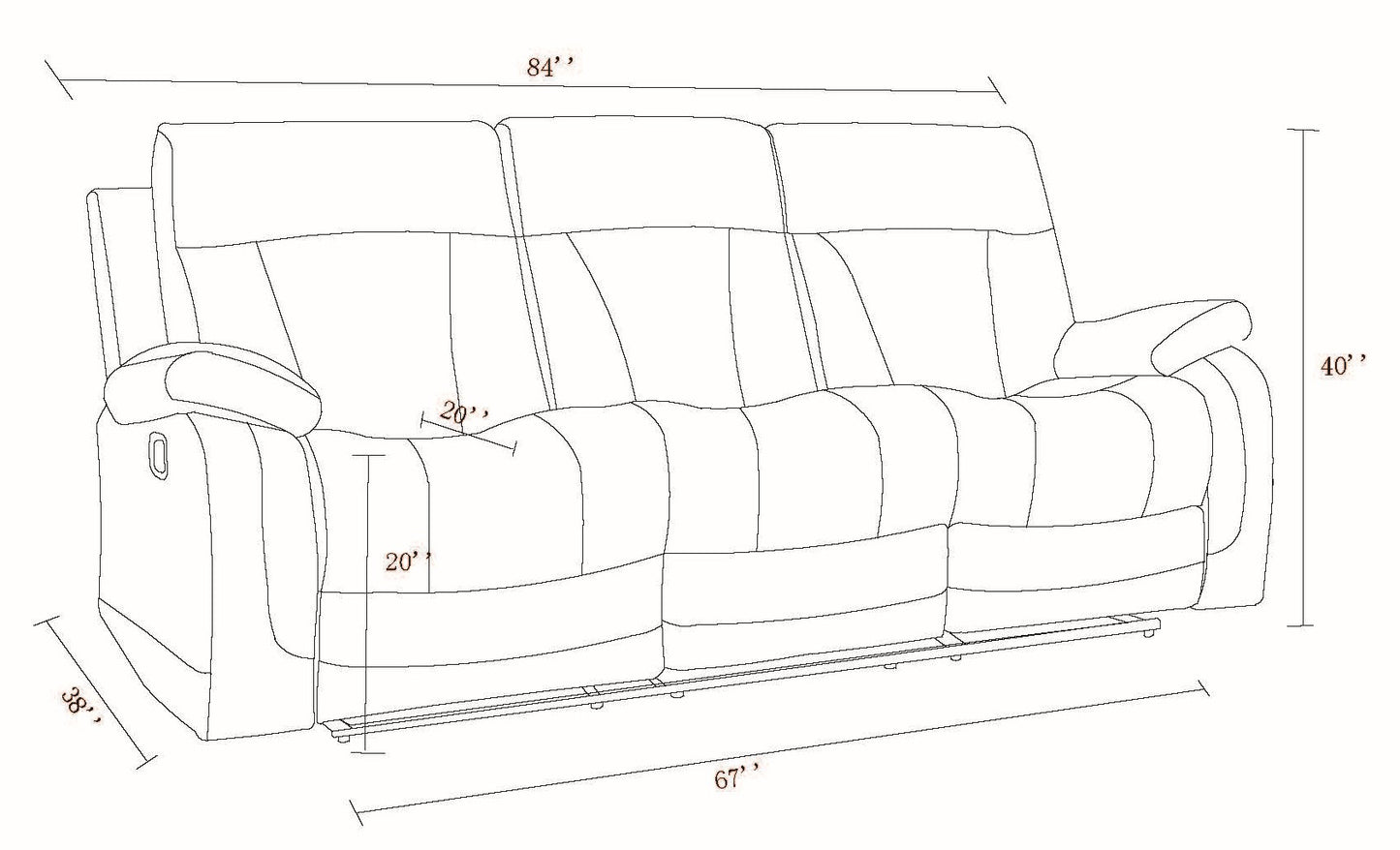 Reclining sofa schematic showing dimensions
