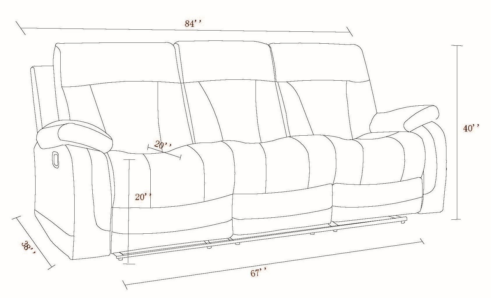 Reclining sofa schematic showing dimensions