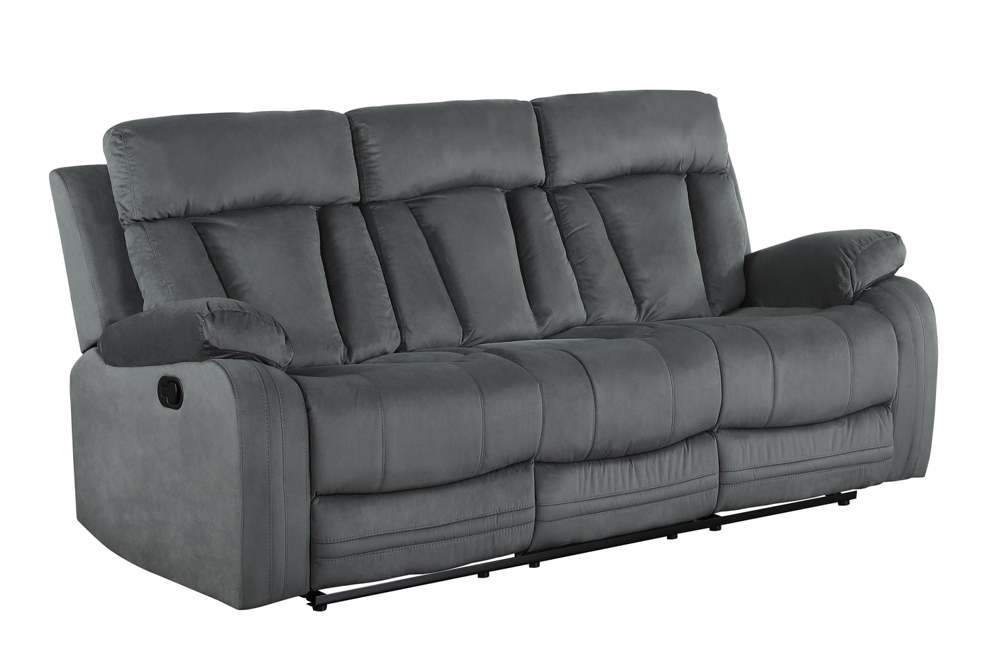 Gray reclining sofa with plush cushions and stitched detailing